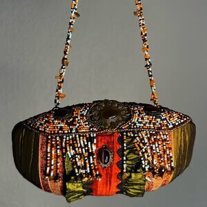 Pritzi Vintage Inspired Beaded Purse Bag Green Satin Boho Indie Artsy Party